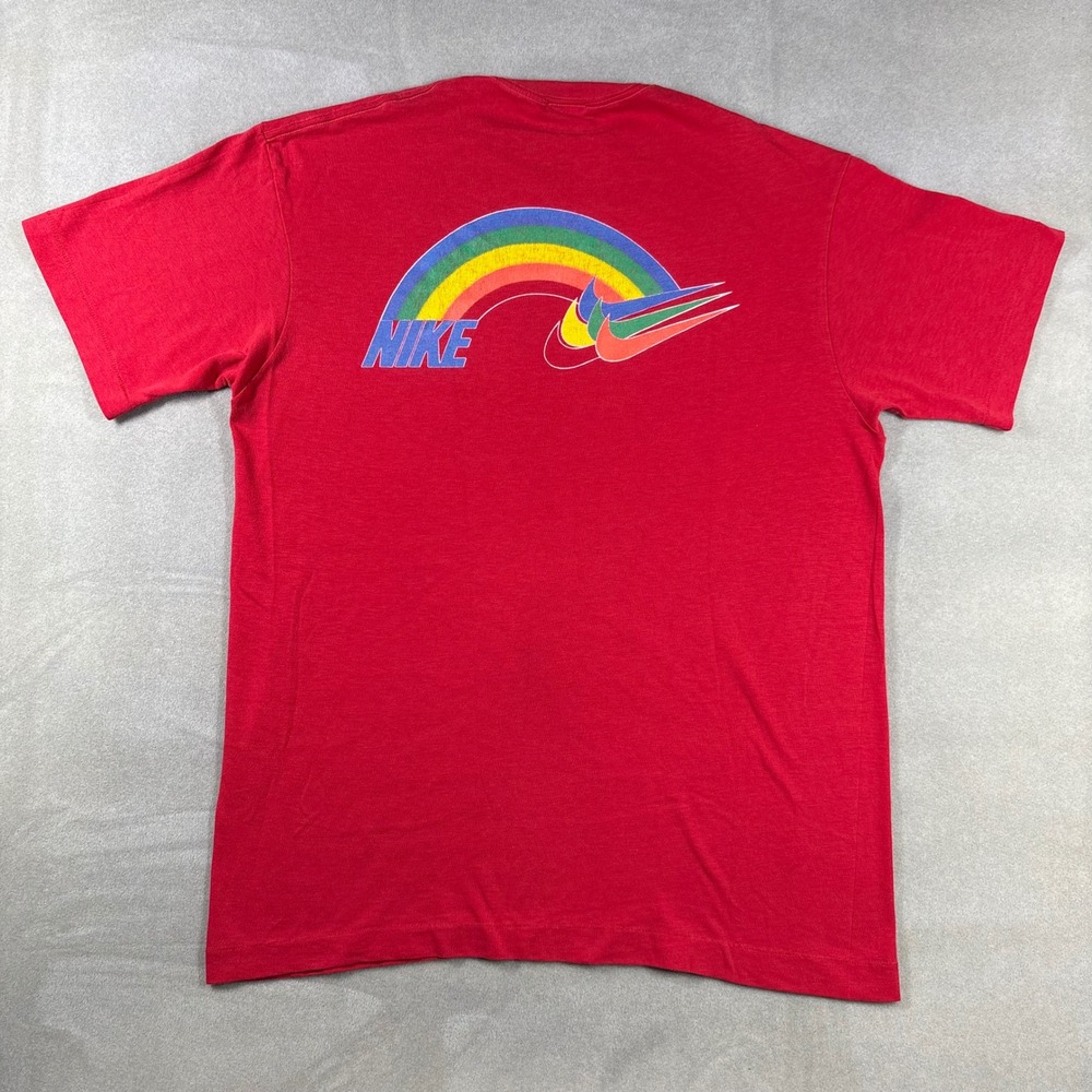 Vintage Nike Rainbow Swoosh T-Shirt Mens XL Red Blue Logo Graphic Tee 80s